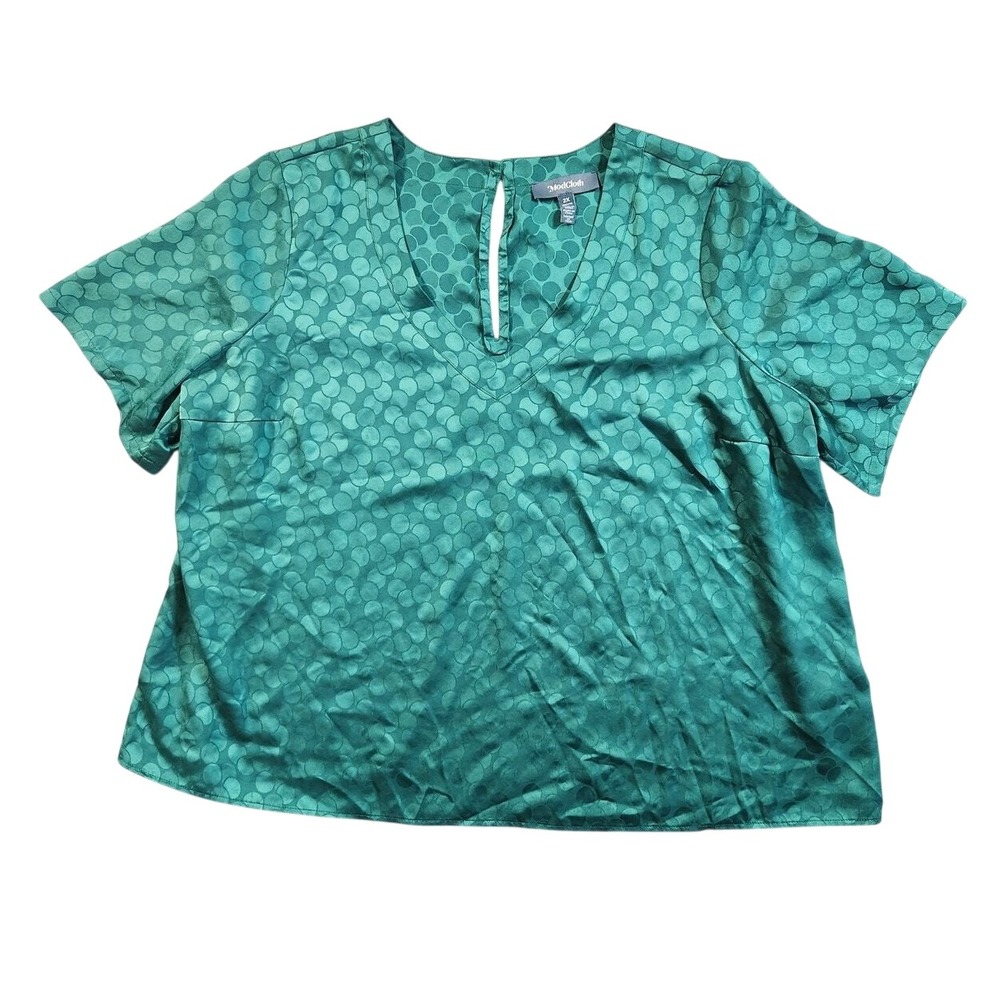 ModCloth Blouse Women 2X Green Satin Geometric Dot Short Sleeve V-Neck